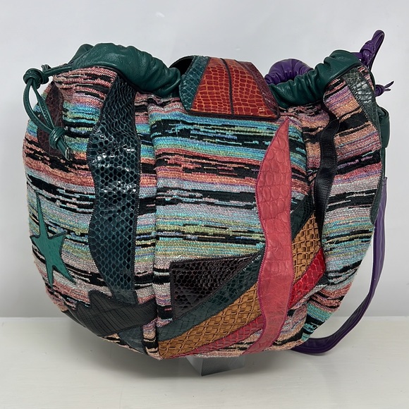 Sharif Large Python Croc Ikat Leather Drawstring Snap Flap Bucket Shoulder Bag - Picture 10 of 16